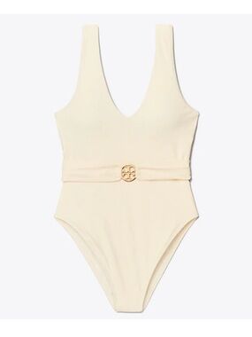 Tory Burch Miller Plunge Ivory/Cream One-Piece Swimsuit with Gold Logo Accent